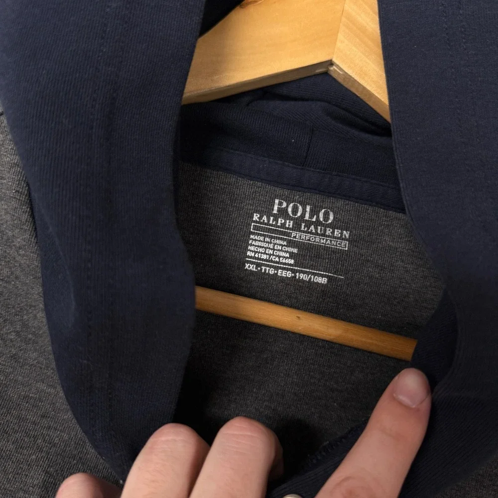 Polo Ralph‎ Lauren Hoodie Gray Navy Blue Performance Script Logo XXL